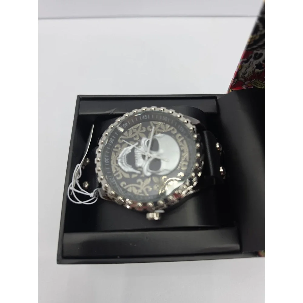New Ed Hardy Mens Skull Watch Black Leather Studded‎ Cuff Strap